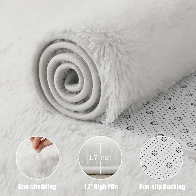 Macgace Fluffy Area Rugs for Bedroom Decor Aesthetic, 5x7 White Shag Rug with Non-Slip Dots for Living Room, Fuzzy Plush Carpet Washable Rug Modern Home Decor for Kids Nursery Girls Room Office