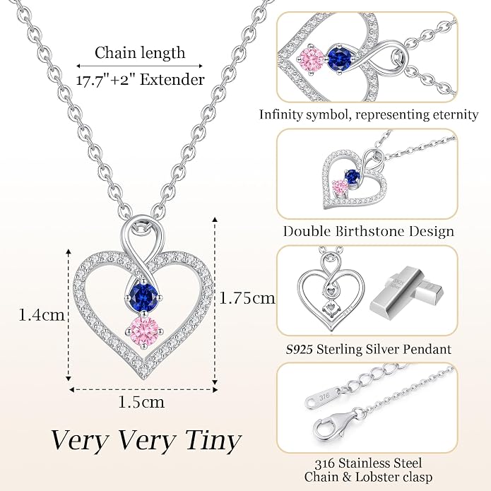 LOUISA SECRET Double Birthstone Necklaces for Women, 925 Sterling Silver Infinity Love Heart Pendant Necklace for Her, Birthday Anniversary Valentine's Day, Christmas, Wedding, Graduation Gift for Her, Personalized Gifts, Jewelry Gifts for Wife Mom Gir...