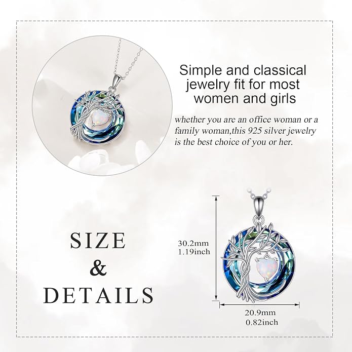 POPLYKE Mothers Day Gifts for Mom Her Wife Tree of Life Necklace 925 Sterling Silver Birthstone Pendant with Crystal Anniversary Birthday Wedding Jewelry for Women