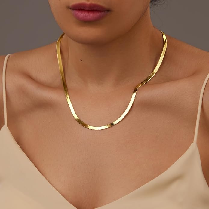 WomenGifts 14K Gold Silver Plated Herringbone Necklace for Women, Dainty Snake Chain Choker, Trendy Simple Long Layered Jewelry Non Tarnish, 3/4/5/8mm,14,16,18,20,22,24,26 Inch Thin & Chunky Options