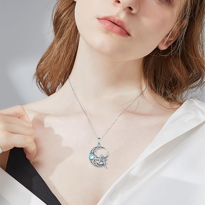 Dragon/Fairy Necklace 925 Sterling Silver Moonstone Crescent Moon Necklace Birthday Gifts for Women