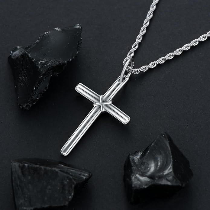 KXJ S925 Sterling Silver Black Cross/Best Dad/Baseball Bat/Silver Cross/Ankh Cross/Crucifix with 22+2 Inches Stainless Steel Rolo Chain Cross Necklace for Men Women Christian Religious Jewelry Gifts