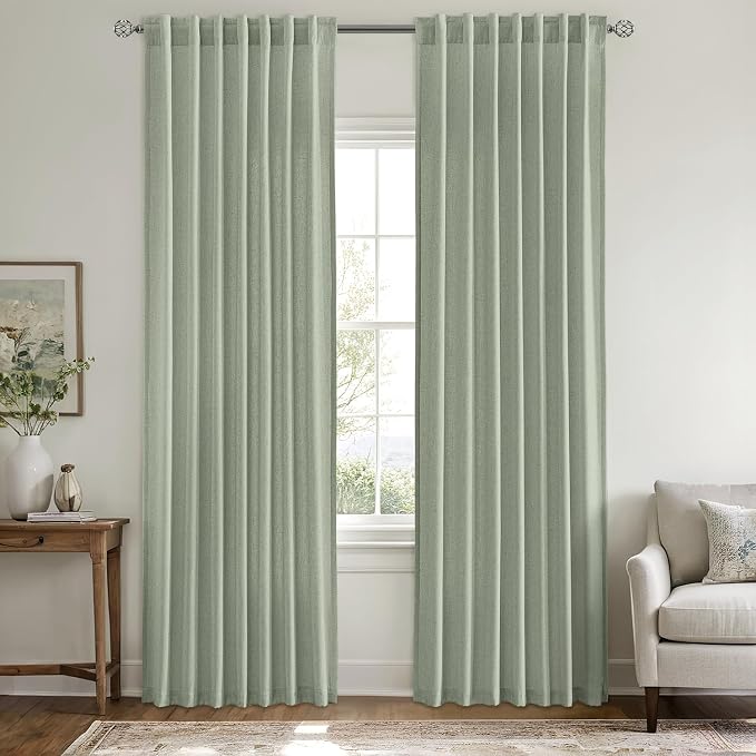 MIULEE Non-See-Through Privacy Linen Curtains 52W x 72L Inch Light Green | 2 Panels, Light Filtering, Semi Sheer Window Curtains, Farmhouse Textured, Back Tab Drapes for Bedroom Living Room