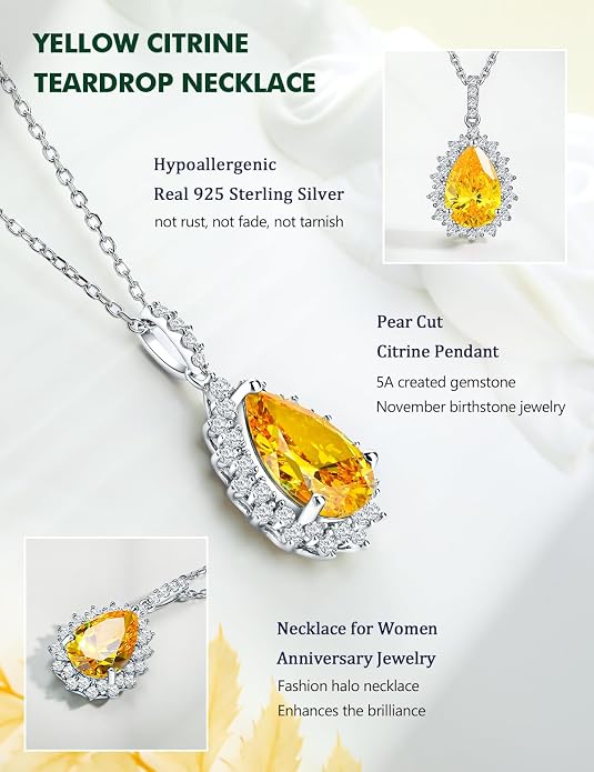 925 Sterling Silver Teardrop Necklace for Women Huge Created Gemstone Solitaire Halo Pendant Pear Cut Birthstone Necklace