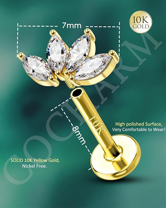 COCHARM 10K Gold Flower Helix/Cartilage Earring Stud 16g Flat Back Yellow Gold Cartilage Piercing Jewelry Real Gold Conch Stud Earring Hypoallergenic for Sensitive Ears