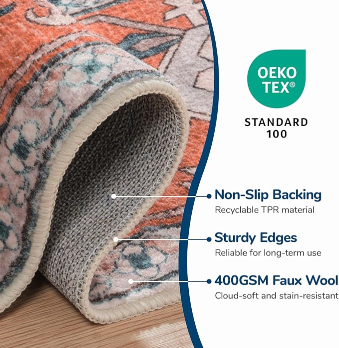 Lessymo 8 x 10 Area Rugs for Living Room- Machine Washable Area Rugs Boho Faux Wool Low Pile Area Rug for Bedroom Floral Medallion Vintage Rugs with Non-Slip Rubber, Tangerine Blue