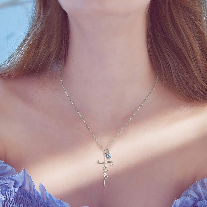 Faith Cross Necklace For Women Birthstone Sterling Silver with Simulated Birthstone Cross Jewelry Christian Gifts