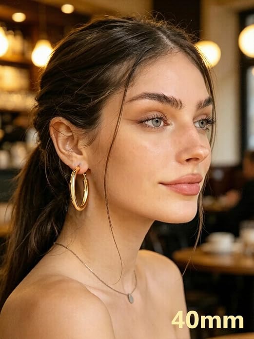 Bestyle 5mm Thick Gold Hoop Earrings Hypoallergenic Hoops for Sensitive Ears Trendy Lightweight Chunky Earrings for Women 30/40/60/80mm