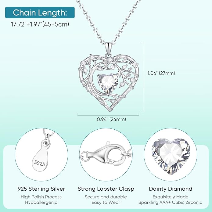 Tree of Life Birthstone Pendant Necklace - 925 Sterling Silver Heart Cubic Zirconia Diamond Women Pendant Necklaces for Her Daughter Girlfriend Birthday Gift Ideas for Wife Mom for Valentines Day
