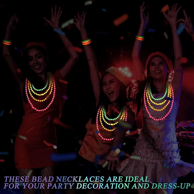 Tondiamo 72pcs Neon Bead Necklaces Bracelet, 80s Women Costume Accessories Set Glow in The Dark UV Bead Necklaces Bracelet Glow Party Supplies for Concert Halloween Mardi Gras Party Supplies