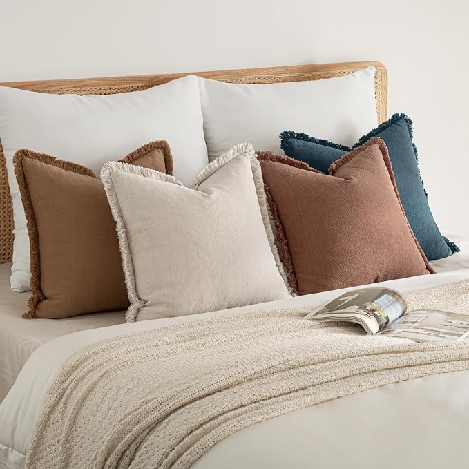 MIULEE Fall Linen Fringe Pillow Covers Set of 4 20x20 Beige/Brown/Blue | Boho Farmhouse Decorative Throw Pillow Covers, Neutral Soft Rustic Cushion Cases, for Couch Sofa Bed Living Room Home Decor
