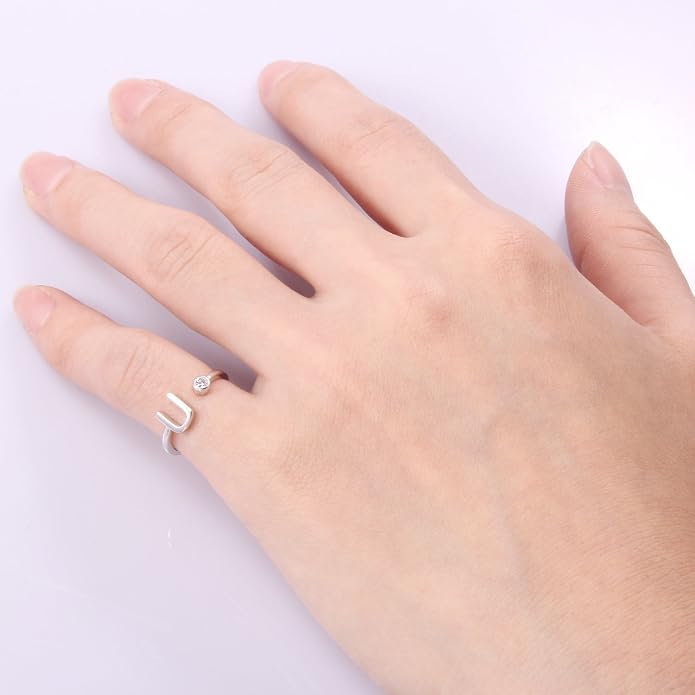 VIKI LYNN 925 Sterling Silver Rings Size 4.5 Adjustable Initial Letter Ring with Cubic Zirconia-Personalized Gifts for Women