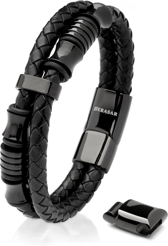 SERASAR Premium Leather Bracelet Men | Stainless Steel Magnetic Clasp | Three Colors | Jewelry Box Included