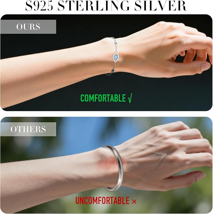 Blue Evil Eyes Link Bracelet, Evil Eye Earrings, S925 Sterling Silver Dainty Cubic Zirconia Adjustable Link Lobster Claw Clasp Chain Jewelry