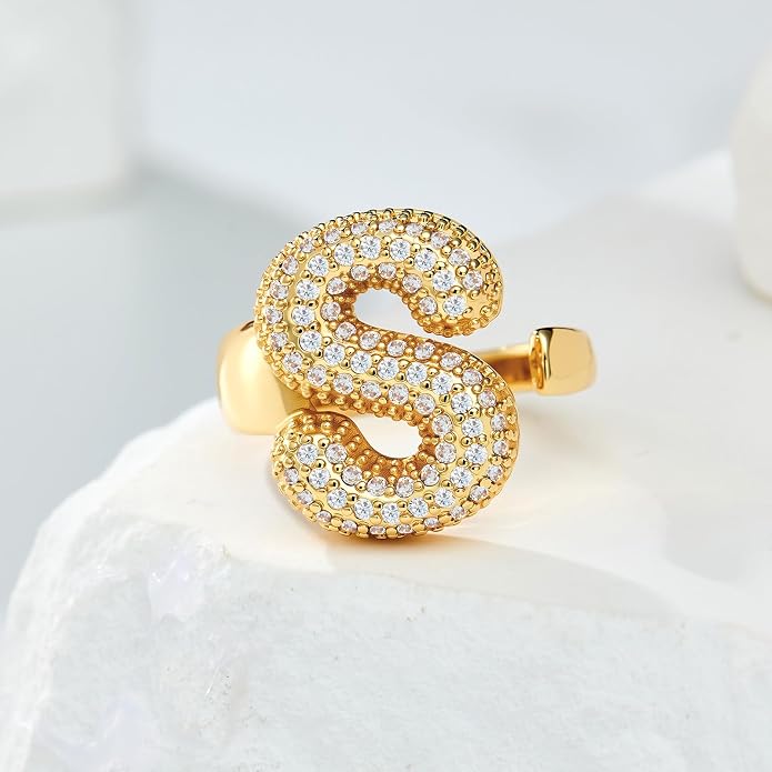 Cicy Bell Initial Rings for Women 14k Gold Plated Cubic Zirconia Delicate Letter Chunky Statement Open Rings Gifts for Her