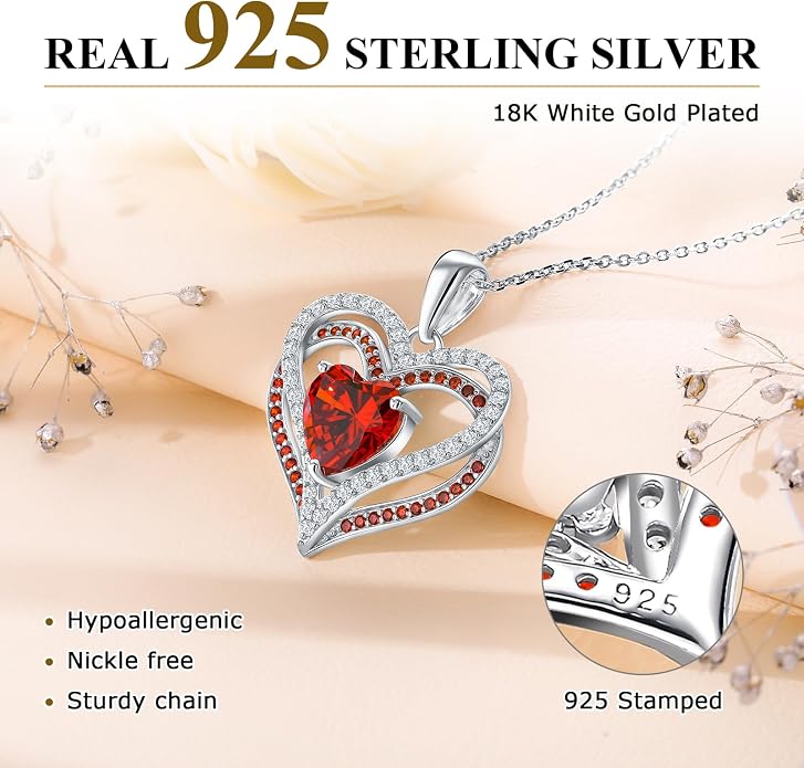 Anniversary Charm Necklace, Sterling Silver 14K Gold Plated Chain with Interlocking Heart Pendant Elegant Birthstone Necklaces for Women, Length 18"