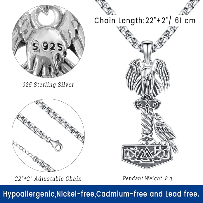 Eusense Viking Jewelry for Men Women Sterling Silver 925 Mjolnir Thors Hammer Pendant Celtic Cross Necklace Wolf Odin Raven Freya Goddess Norse Pagan Compass Vegvisir Yggdrasil Nordic Viking Necklaces Gifts