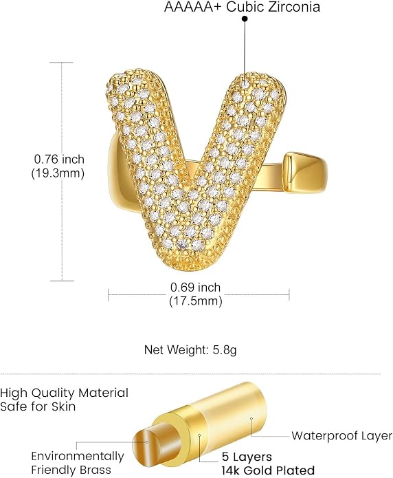 KeyStyle Bold Initial Letter Rings Adjustable, GoldChic Jewelry Women Gold Statement Ring Personalized Engraved Women’s Open Signet Ring for Party (Gold, White Gold, Black)