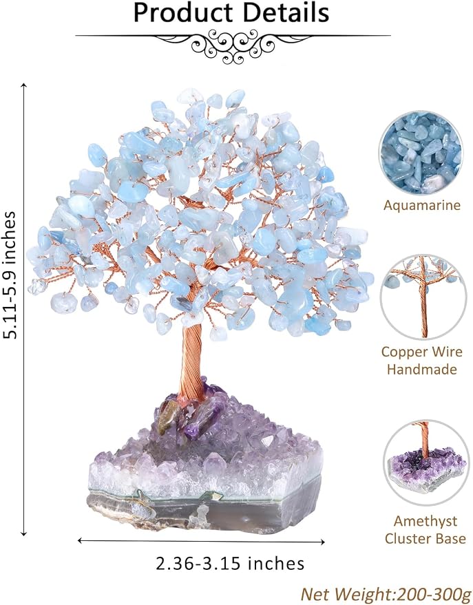 Jovivi Natural Aquamarine Healing Crystal Money Tree on Amethyst Cluster Geode Druzy Base Feng Shui Crystals for Home Office Desk Decorations, Wealth, Good Luck