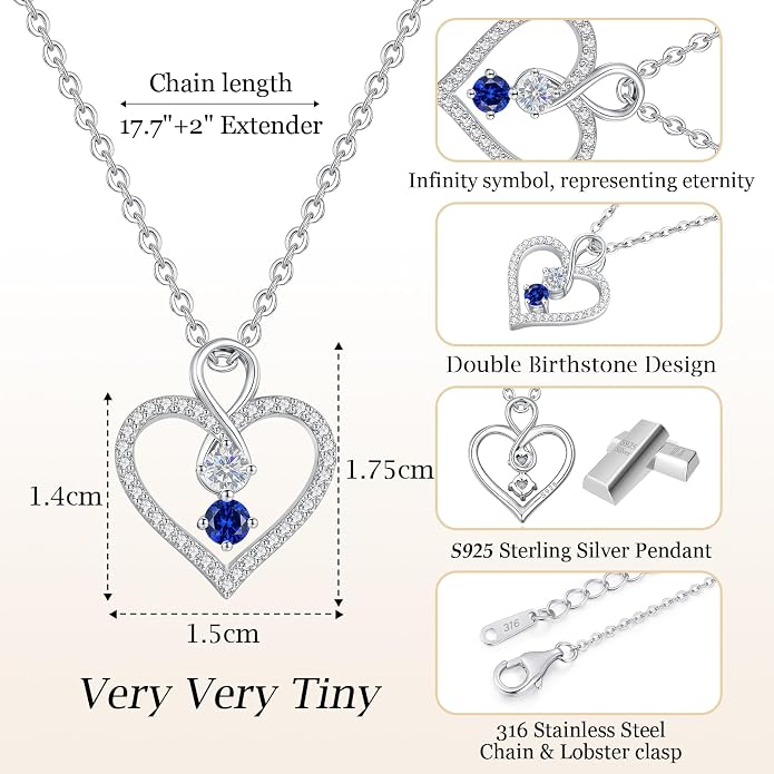 LOUISA SECRET Double Birthstone Necklaces for Women, 925 Sterling Silver Infinity Love Heart Pendant Necklace for Her, Birthday Anniversary Valentine's Day, Christmas, Wedding, Graduation Gift for Her, Personalized Gifts, Jewelry Gifts for Wife Mom Gir...