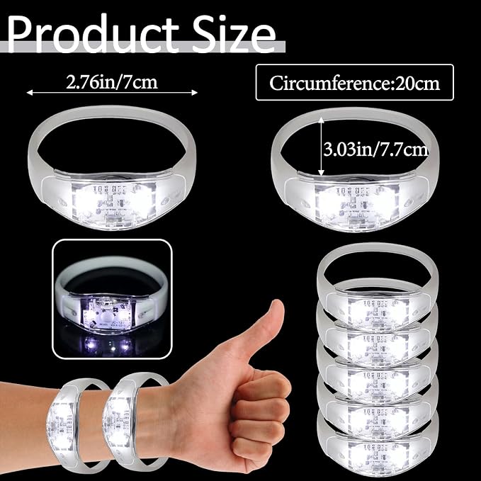 24 Pcs LED Glow Bracelets Sound Activated Bracelet Glow Bracelets with Flashing LED Strobe for Wedding,Carnival,Concerts , Night Events, Rave, Game Prizes, Birthday Party Favor (white)