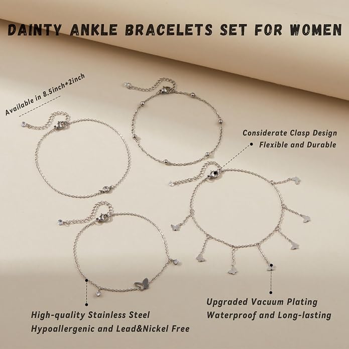 LOFITOR Ankle Bracelets for Women Glitter Waterproof Adjustable Anklet Set for Women 18K Gold Plated Silver Charm Dainty Layered Anklets, Summer Beach Anklet Jewelry for Women