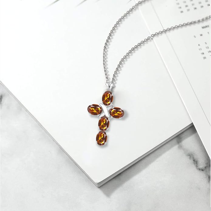 Gem Stone King Cross Pendant Necklace for Women | 925 Sterling Silver | 6X4MM Gemstone Birthstone | Jesus Christian Religious Crucifix Jewelry Gifts | 18 Inch Chain