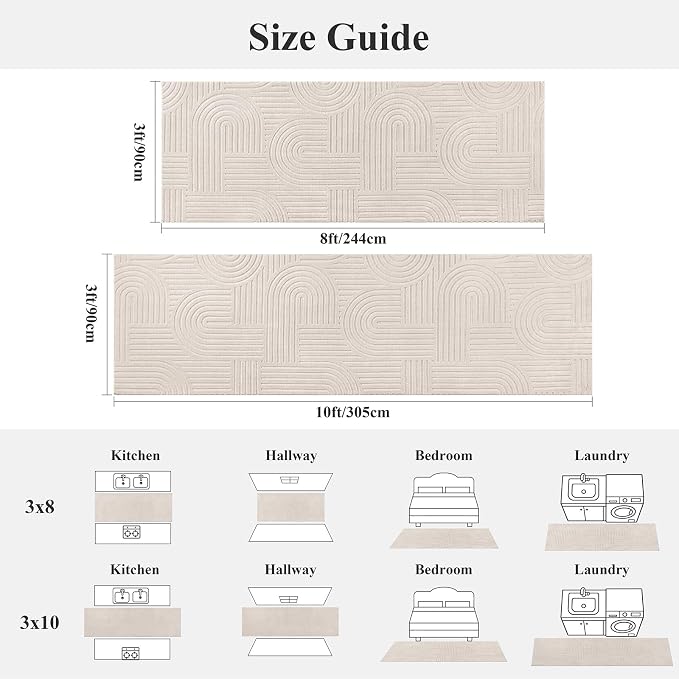 SHACOS Soft Cozy Fluffy Arch High Low Pile Runner Rugs 3x8 ft Non Slip Washable Scandinavian Minimalist Area Rug Runner Modern Carpet for Living Room Bedroom Bathroom Hallway Kitchen, Beige