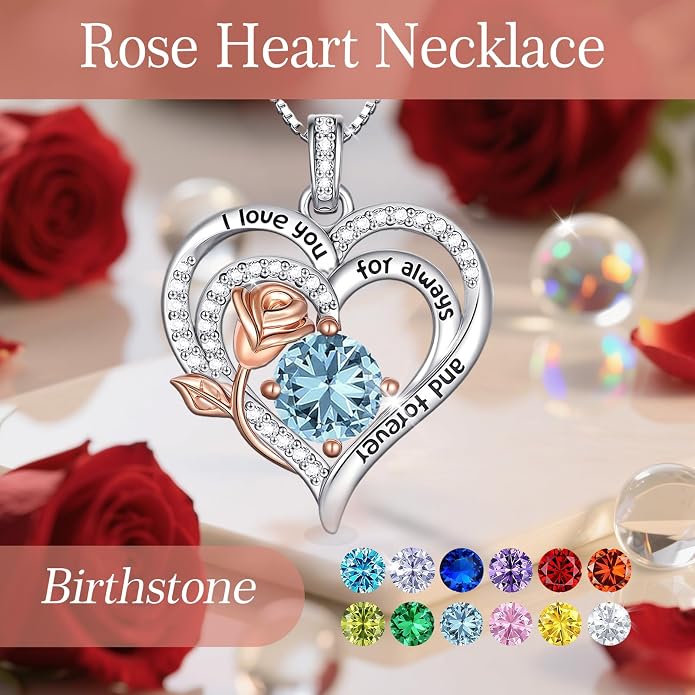 Birthstone Heart Necklaces for Women 925 Sterling Silver Fine Jewelry Rose Pendant Necklace Anniversary Birthday Mothers Day Gifts Her Wife Women Mom Daughter