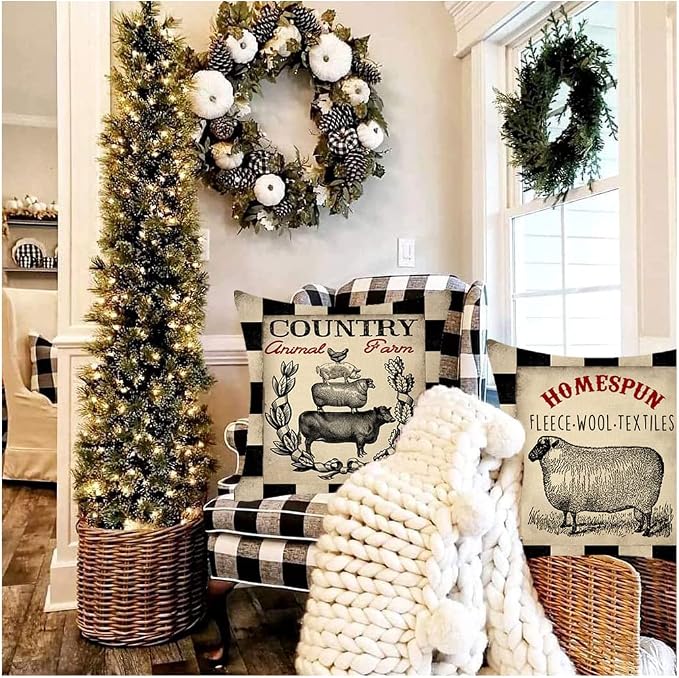 Rustic Farmhouse Pillow Covers Farm Animal Throw Pillow Case Buffalo Plaid Sheep Chicken Pig Cow Country Cushion Cover for Couch Sofa Cotton Linen 18x18 Set of 4