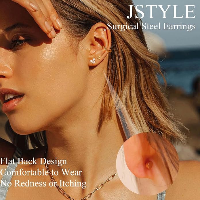 Jstyle 24 Pairs Hypoallergenic Gold Earrings for Women Flat Back Earrings for Women Surgical Stainless Steel Earrings for Sensitive Ears Small Stud Hoop Cartilage Earring Stack Piercing Jewelry Set
