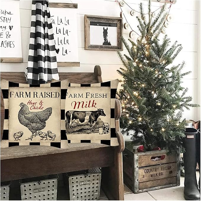 Rustic Farmhouse Pillow Covers Farm Animal Throw Pillow Case Buffalo Plaid Sheep Chicken Pig Cow Country Cushion Cover for Couch Sofa Cotton Linen 18x18 Set of 4