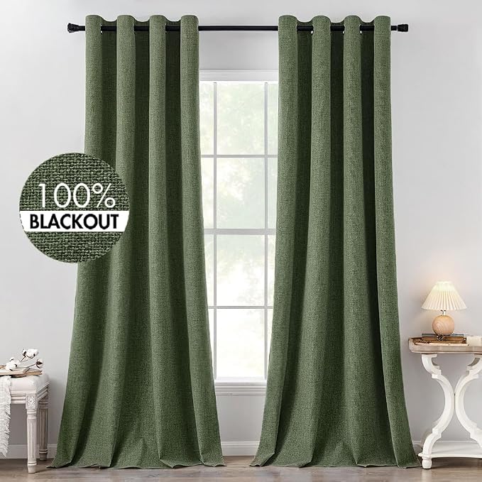 MIULEE 100% Blackout Linen Textured Curtains for Bedroom Solid Thermal Insulated Olive Green Grommet Room Darkening Curtains & Drapes Luxury Decor for Living Room 52 x 120 Inch (2 Panels)