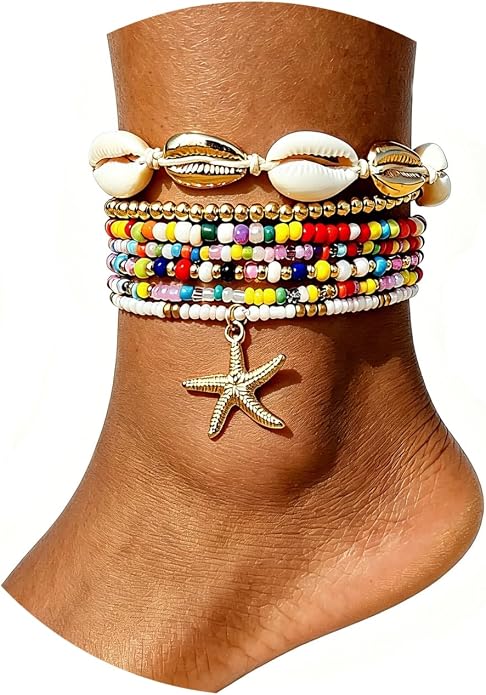 Boho Beaded Shell Anklet Bracelets for Women, 7 Pcs Layered Cowrie Shell & Colorful Beaded Ankle Bracelets with Gold Starfish Charm, Adjustable Summer Beach Foot Jewelry Gifts
