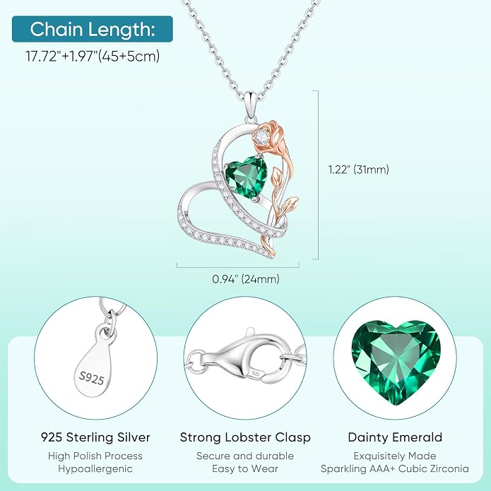 Rose Heart Birthstone Necklace for Women - Dainty 925 Sterling Silver Necklaces for Women Trendy CZ Pendant Necklace Jewelry Birthday Anniversary Christmas Gifts for Girlfriend Mom Lady Daughter