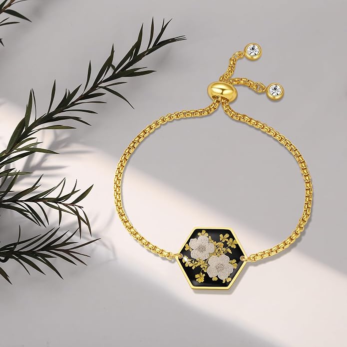 AUNTESIGN Forget-Me-Not Pressed Wildflower Bracelet | Pressed Flower Bracelet | Gold/Silver Pressed Flower Jewelry | Personalized Handmade Jewelry | Gift For Women