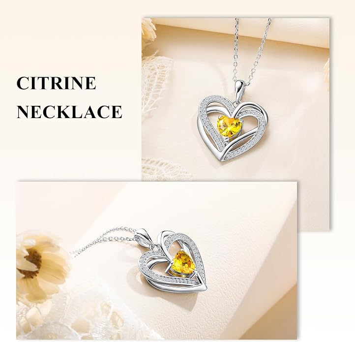 Anniversary Charm Necklace, Sterling Silver 14K Gold Plated Chain with Interlocking Heart Pendant Elegant Birthstone Necklaces for Women, Length 18"