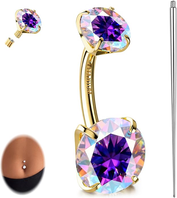 GEMQUEEN Moissanite ＆ G23 TItanium Belly Button Ring 18K Gold Plated Hypoallergenic Internally Threaded Belly Rings 14G Navel Piercing Jewelry For Women Men D Color VVS1 Clarity Brilliant Cut