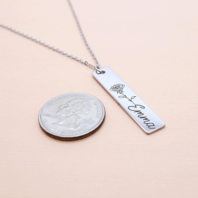 Personalized Flower Name Necklace Custom Engraved Bar Pendant Stainless Steel Floral Nameplate Jewelry Adjustable Cable Chain Gift for Her Women Mother Daughter Keepsake