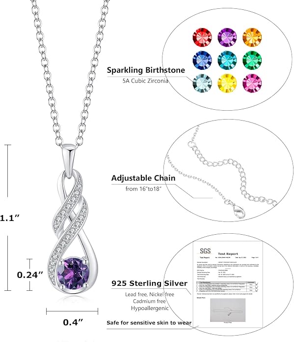 Birthstone Necklaces for Women 925 Sterling Silver Infinity Pendant Created Gemstone Jewelry for Her, 16"+2"