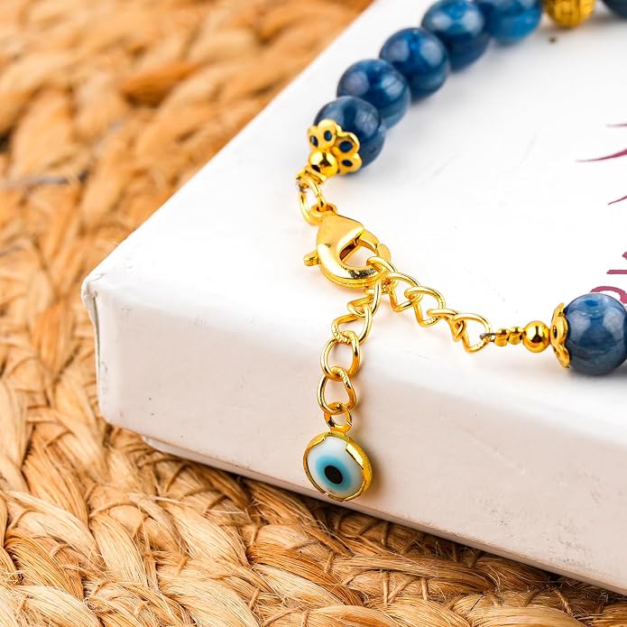 AAA Grade Natural Gemstone Beaded Bracelet, 14K Gold Plated with Evil Charm, Wicca & Reiki Healing Crystals, Handmade Bohemian Jewelry, Christmas Gift for Women (7+1inch)