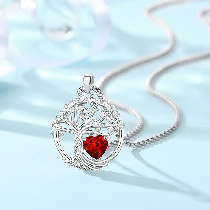 Birthstone Tree of Life Necklace for Women Heart Crystal Pendant Silver Plated Birthday Anniversary Jewelry for Wife, Mom, and Her