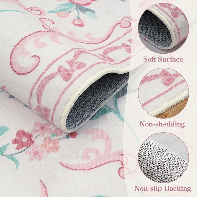Collive Pink Bow Round Rugs for Girls, 4ft Floral Washable Circle Rug for Bedroom, Cute Ultra-Thin Non Slip Indoor Decor Carpet for Nursery Kids Room Playroom Living Room