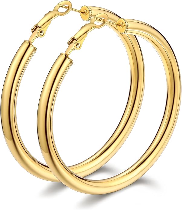 Bestyle 5mm Thick Gold Hoop Earrings Hypoallergenic Hoops for Sensitive Ears Trendy Lightweight Chunky Earrings for Women 30/40/60/80mm