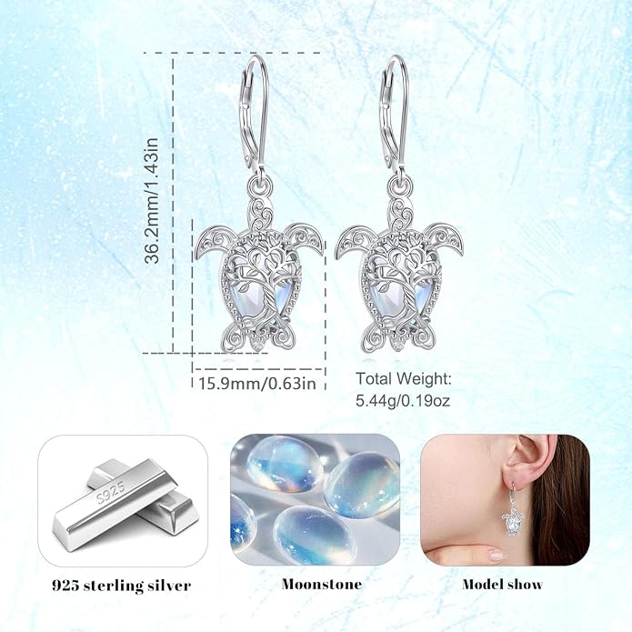 Vito 925 Sterling Silver Teardrop Earrings for Women, Moonstone Turquoise Drop Dangle Earrings Cat Snake Turtle Tree of Life Leverback Earrings Boho Jewelry Gift for Mom Wife