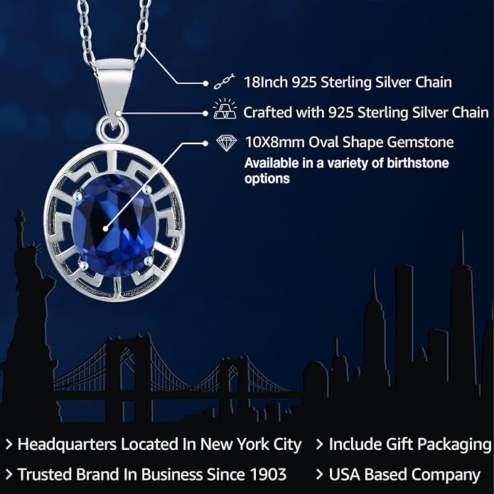 Gem Stone King 925 Sterling Silver 10X8MM Oval Gemstone Birthstone Necklace | Greek Key Pendant Necklace for Women | With 18 Inch Silver Chain