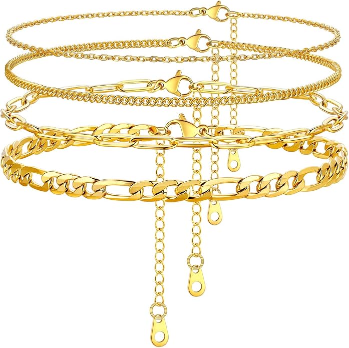 U7 2Pcs/3Pcs Ankle Bracelets for Women, Stainless Steel Cuban Link/Figaro/Rope/Heart Chain Anklets Sets,Waterproof Layered Anklets Adjustable 8.5"-10.5"