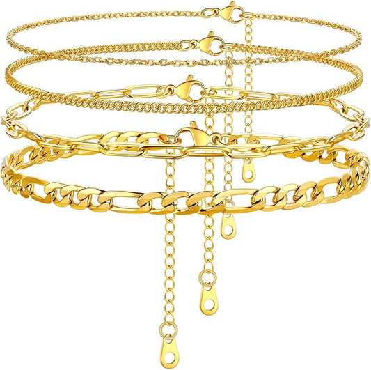 U7 2Pcs/3Pcs Ankle Bracelets for Women, Stainless Steel Cuban Link/Figaro/Rope/Heart Chain Anklets Sets,Waterproof Layered Anklets Adjustable 8.5"-10.5"