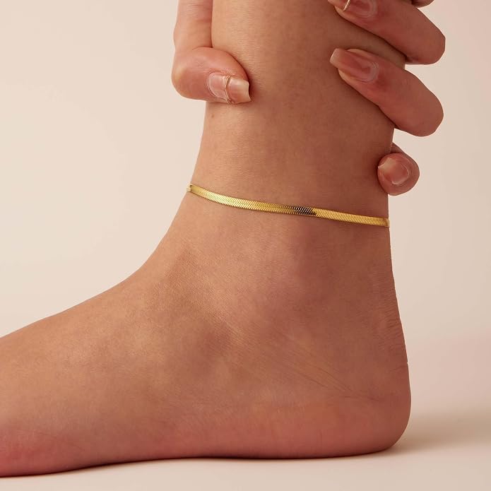 Dainty Ankle Bracelets for Women 18K Gold Plated Satellite Beaded Herringbone Lip Chain Anklets Simple Minimalist Summer Beach Foot Jewelry Christmas Gifts