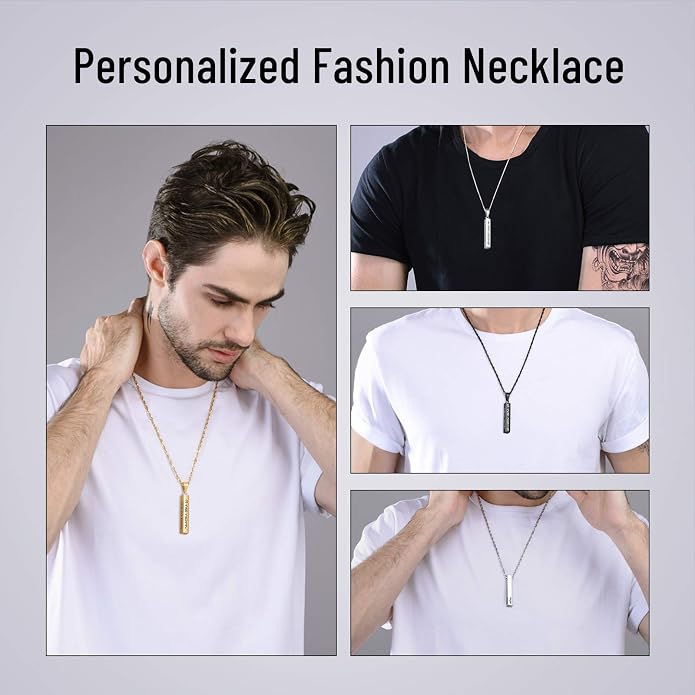 LanM Gifts for Dad Father's Day Gifts Personalized Mens Necklace Custom Name Necklaces for Men Bar Necklace for Women Engraved Initial Name Vertical Bar Necklace for Father